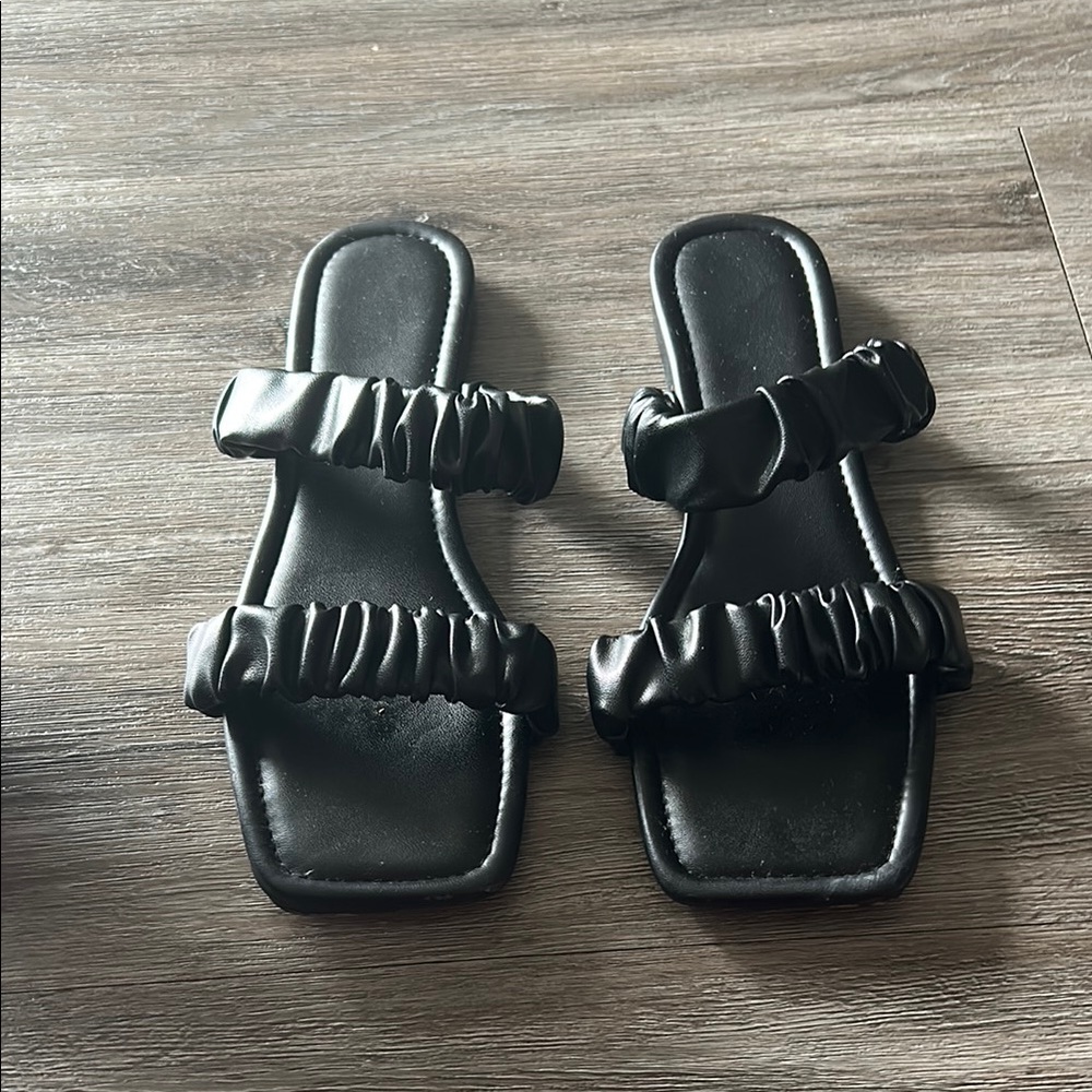 Black Square-Toe Slip-On Sandals with Ruched Straps